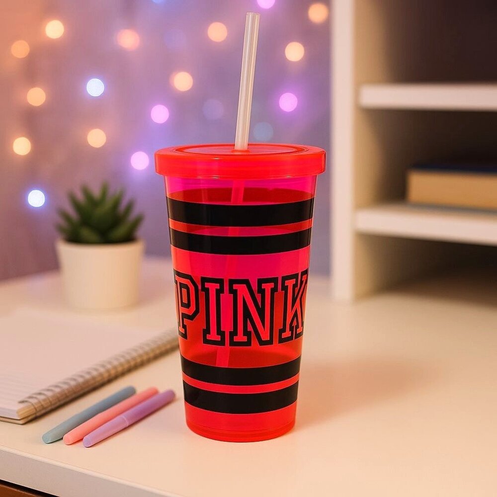 Victorias Secret PINK Neon Tumbler Cup Straw Reusable 24oz Hot Pink Black Stripe